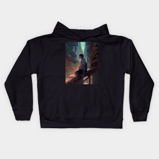 lost boy in a cyber cityscape Kids Hoodie